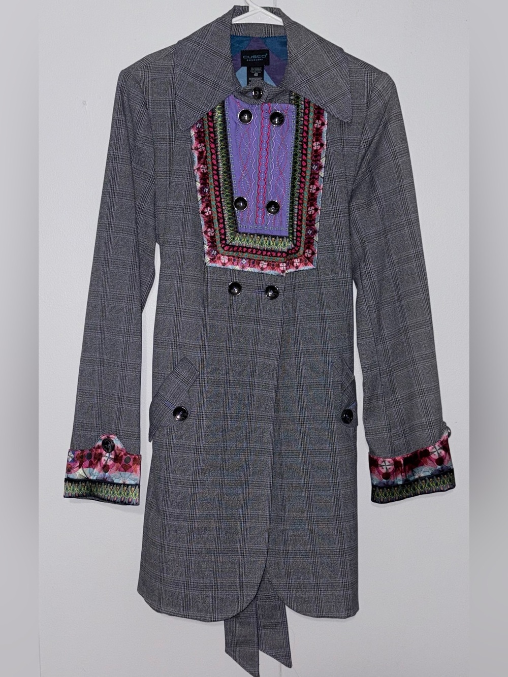 Custo Barcelona EU 40 Gray Plaid Belted Trench Coat Embroidered Art to Wear